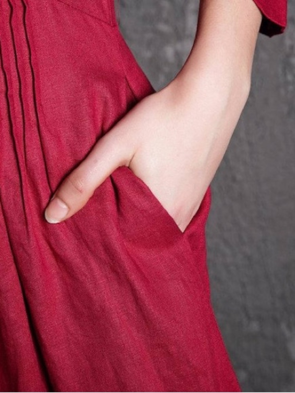 YLISTYLE Red Linen Maxi Dress - Raspberry Fit & Flare with Pintuck Pleated Waist - Picture 6 of 11